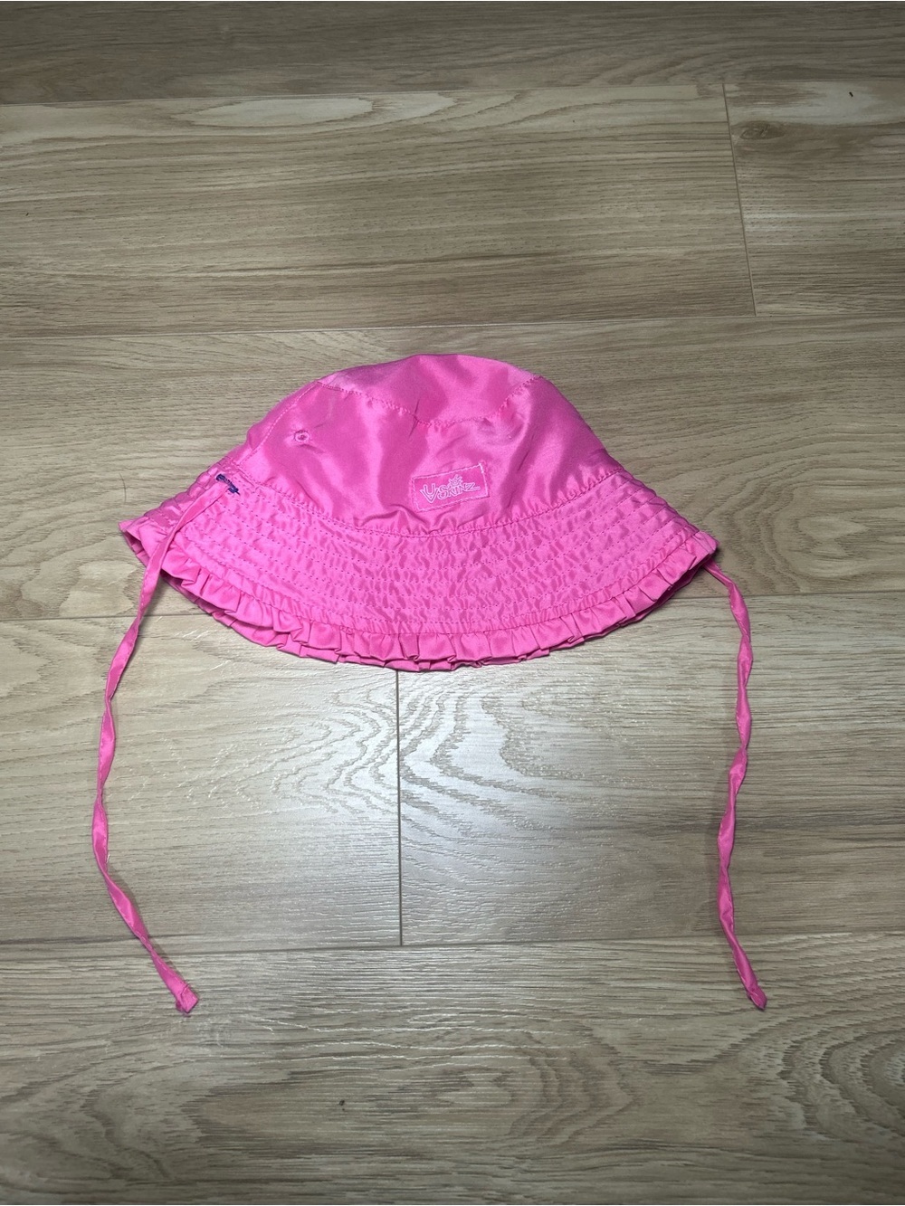 Kids Pink Bucket Hat with Chin Ties and Ruffled Brim